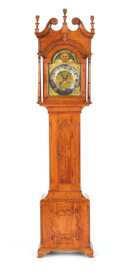 Pennsylvania Chippendale tiger maple tall-case clock, late 18th century. Estimate: $4,000-$7,000. Image courtesy of Pook & Pook Inc.
